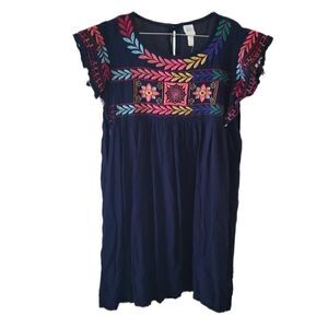 Chikas Yapas Navy Blue Embroidered Reld Pleated Peasant Tunic Mini Dress